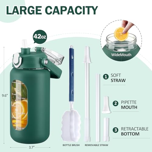 42oz Glass Water Bottles with Straw (Ink green / 42 Ounces)