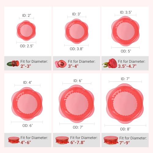 Silicone Stretch Lids for Food Storage in Fridge (6 Pcs Red)