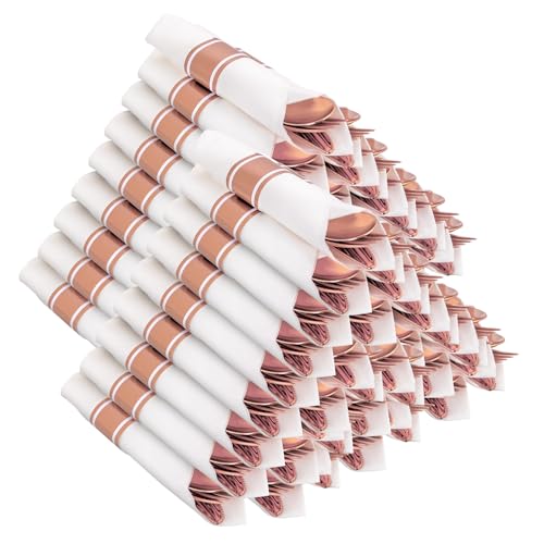 400PCS Pre Rolled Rose Gold Plastic Silverware Heavy Duty for Party (Rose Gold - Classic)