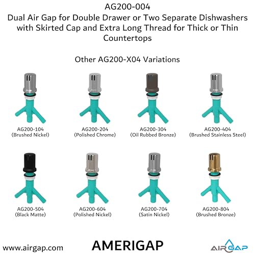 Dual Air Gap for Double Drawer or Two Separate Dishwashers with Skirted Cap and Extra Long Thread for Thick or Thin Countertops (AG200-004)