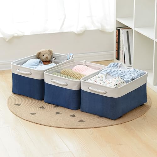 Collapsible Storage Bin for Shelves (White & Blue / 3PCS/Large - 15.7Lx11.8Wx8.3H)