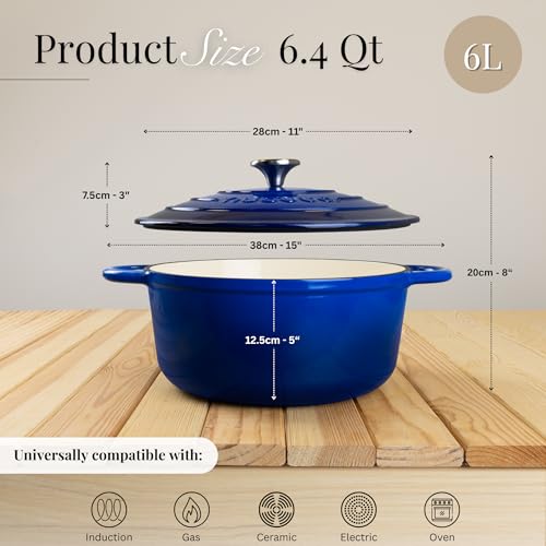 Enamelled Cast Iron Dutch Oven Pot with Lid (Dark Blue / 6.4-Quart - Deep)