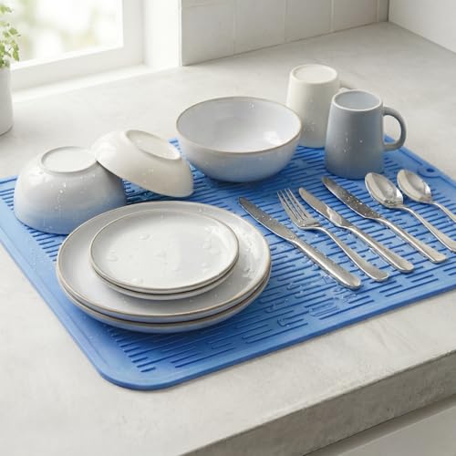 Silicone Dish Drying Mat for Multiple Usage (Lichen Blue / 18"L x 16"W)