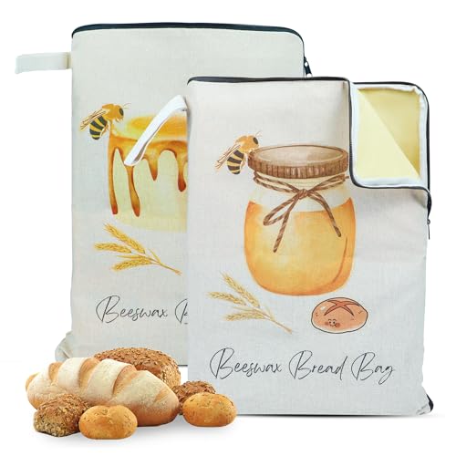 2 Packs Wide Zipper Access Beeswax Bread Bags for Homemade Bread (White - Little Bee)