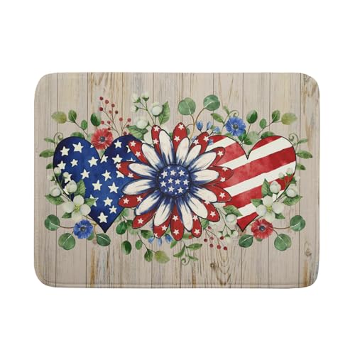 Independence Day Dish Drying Mat 18x24 inch Patriotic Love Heart Fast Dry Microfiber Dishes Drainer Rack Pad Kitchen Counter Accessories (Patriotic Floral Heart / 18" x 18")