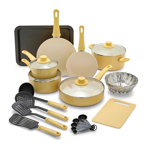 Soft Grip Healthy Ceramic Nonstick 18 Piece Kitchen Cookware Pots and Frying Sauce Saute Pans Set (18 Piece Cookware Set / Yellow)
