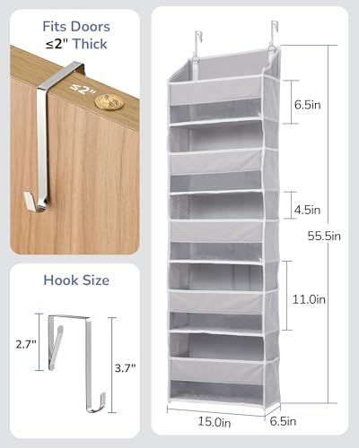 1 Pack Over Door Organizer with 5 Large Pockets 10 Mesh Side Pockets (Grey / 1 Pack-5 Tier)