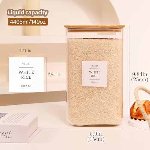 2 Pack large Square Glass Flour and Sugar Containers with 132 Kitchen Pantry Labels