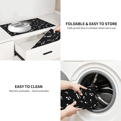Music Notes Dish Drying Mat for Kitchen Counter Musicial Dish Drainer Rack Mats 16x18 Inches Absorbent Reversible Black Drying Pad (Music Notes / 16 x 18 inch)