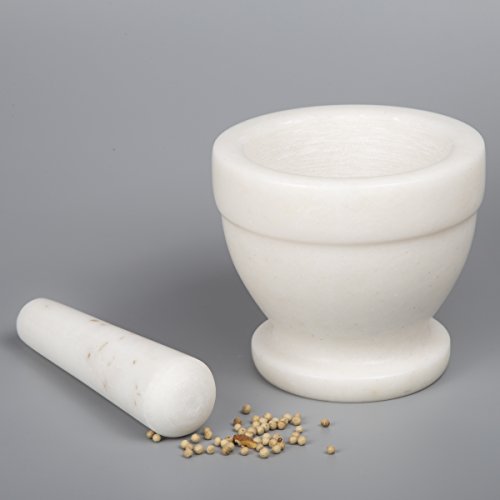 Natural Marble Mortar and Pestle Set Guacamole Molcajete Bowl Kitchen Spices Herbs Pesto Grinder (Off-White (color may vary) / 5.3" Diam. x 4.5" H)