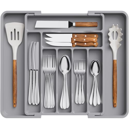 Expandable Silverware Drawer Organizer (Gray / Large Deep（11.8-19.6'W x 15''D）)