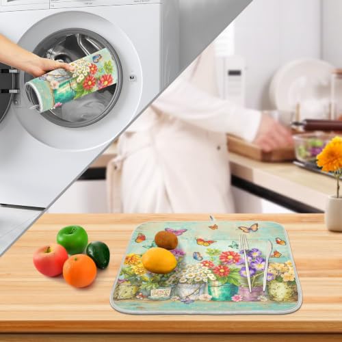 Spring Floral Butterfly Rustic Dish Drying Mat for Kitchen Counter Absorbent Microfiber Large Drying Pad Dish mats for Kitchen Countertops 18 x 24 Inch (Spring Floral / 24" x 18")