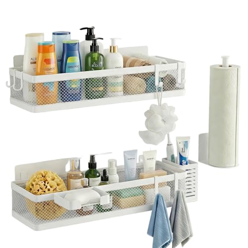 5-in-1 16.5" Extra Long Slim Wall Mount Wrapped Mesh Kitchen Organizer & Shower Caddy Kit, with Paper Towel Holder, Utensil Holder, Soap Dish, Holds 50LBS - White, Netting (White / 5-in-1 Full Mesh (16.5" Extra Long))