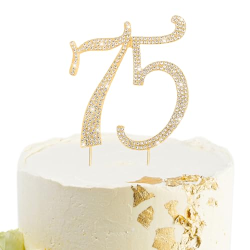 Gold 75th Birthday Cake Topper Rhinestones Cake Decorations for 75th Birthday Party (75th- Gold)