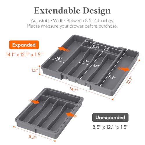 Expandable Silverware Drawer Organizer (Dark Gray / Medium Wide(8.5-14''W x 12''D))