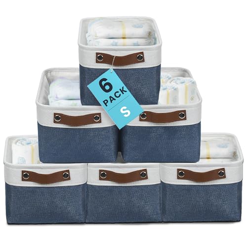 12x8in Canvas Storage Baskets (Navy Blue / Off-White / Small - 6pc)