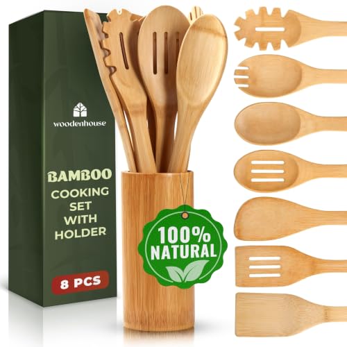 Bamboo Cooking Utensils Set 7 Pcs with Holder (7 Pieces Extended)
