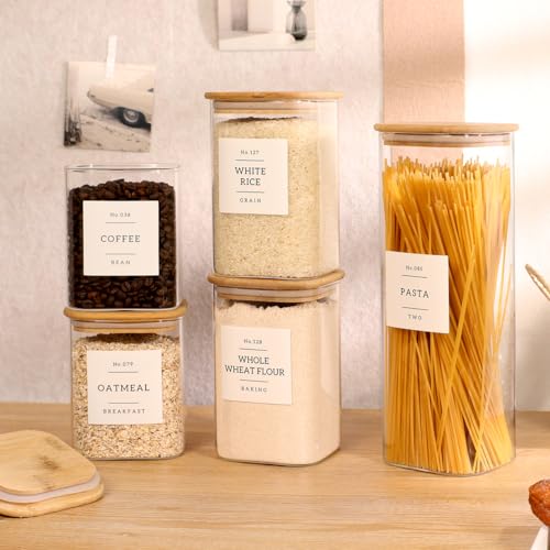 5 Pack Square Glass Pantry Storage Containers with 132 Kitchen Food Pantry Labels