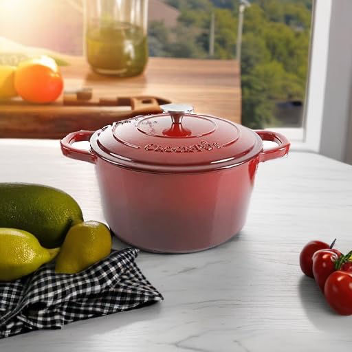 Artisan 7 Quart Round Enameled Cast Iron Dutch Oven (Scarlet Red / 7-Quart)