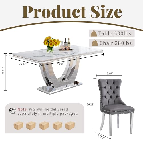 Marble Dining Table Set for 6 (Silver-white & Grey Chairs / 7-Piece (Table + 6 Chairs))