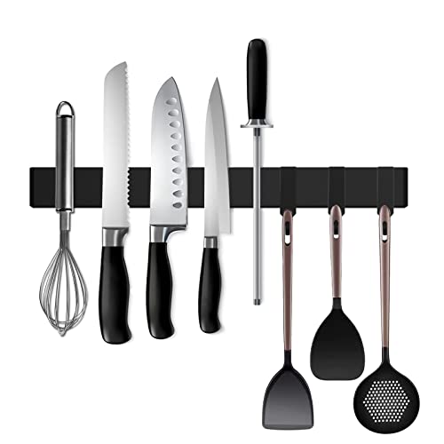 Black Magnetic Knife Strip for Refrigerator (01.17inch Black with Hooks)