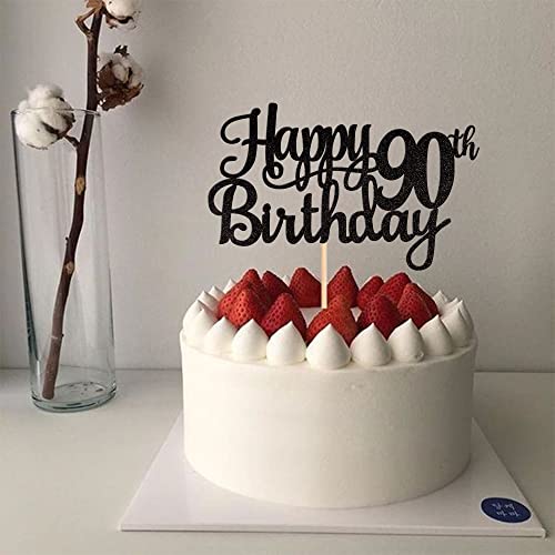 1 PCS Happy 90th Birthday Cake Topper Glitter Cheers to 90 Years Birthday Cake Pick 90 Fabulous Cake Decoration for Happy 90th Birthday Theme Party Decorations Supplies Black (Black / 90th)