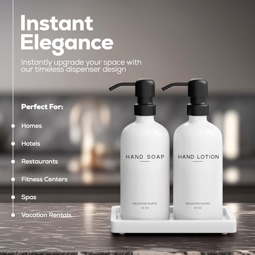 White Glass Soap and Lotion Dispenser Set with Tray by Brighter Barns (White Sl)
