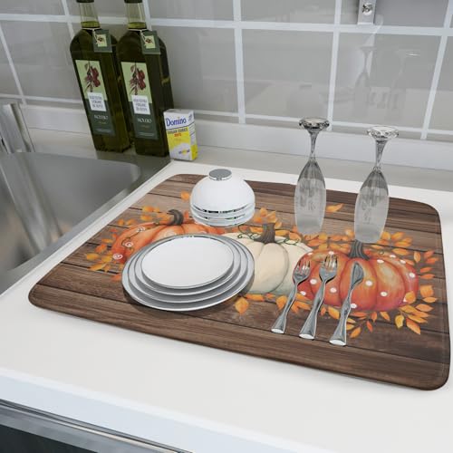 Autumn Pumpkin Dish Drying Mat Rustic Wood Dish Drainer Mats Fast Dry Microfiber Reversible Dish Drying Pad Kitchen Decoration 18x24 inch (Pumpkin Wood / 18" x 24")