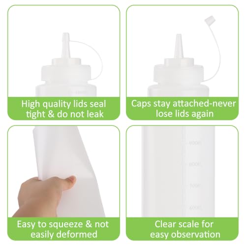 6 Pack 32 oz 1000 ml Plastic Squeeze Bottles with Cap Lids ((4) 32 oz(6pack) Standard Cap)