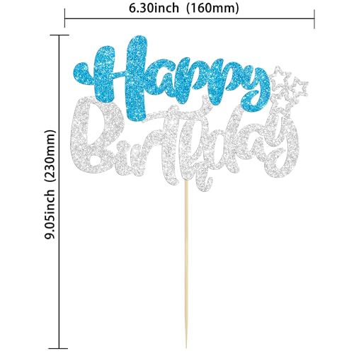 1Pcs Happy Birthday Cake Topper Glitter Happy Birthday Cake Pick for Winter Wonderland Baby Shower Theme Anniversary Party Decorations Supplies Blue Silver (Style 2 / Blue Silver)