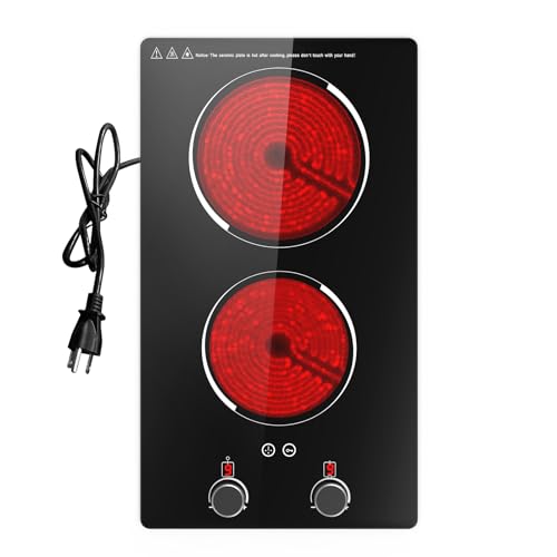 110v Electric Cooktop 2 Burners 12'' Electric Stove Top Knob Control (Black 2 Burner)