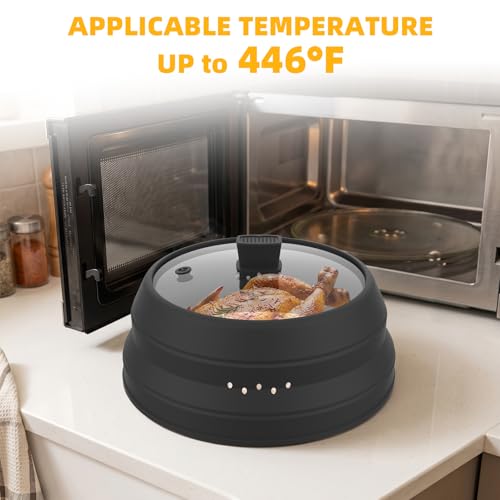 Tall Microwave Splatter Cover Glass Cover Guard Lid 6 inch Height with Collapsible Silicone for Food Pot Plate 12.5 inch Black (BLACK / Taller style 12.5 inch)