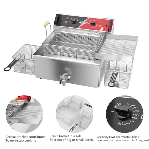 24Lbs Electirc Triple Basket Turkey Fryer With Oil Drain Spout (Tripple Basket,24L)