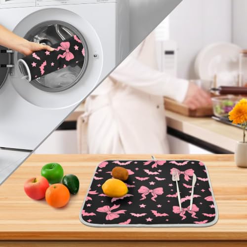 Halloween Dish Drying Mat for Kitchen Counter Absorbent Microfiber Large Drying Pad Pink Bat Bow Dish Mats for Kitchen Countertops 18 x 24 Inch (Halloween Bat Bow / 24" x 18")