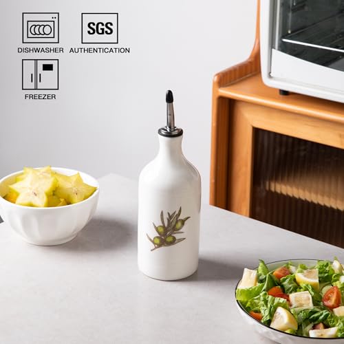 Sweejar Ceramic Olive Oil Dispenser Bottle (15.5 oz, Set of 1 / Olive Leaf White)