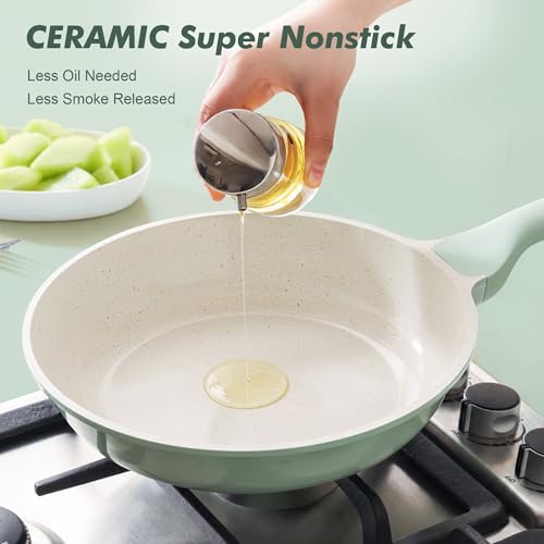 9.5In Nonstick Ceramic Frying Pan with Lid (Mint Green / 9.5 Inch)