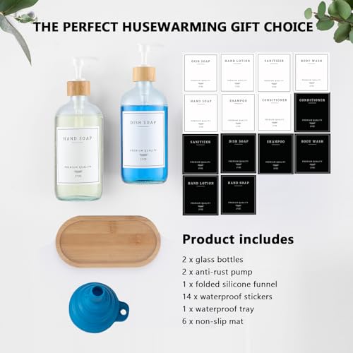 Clear Glass Soap Dispenser (Clear Bottle + 14 Labels + Funnel + Tray)