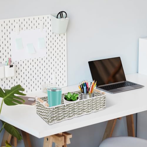 Toilet Paper Baskets Handmade Paper Rope Decorative Wicker Storage Tank Shelf Cabinet Organizer for Bathroom Home (Green & White)