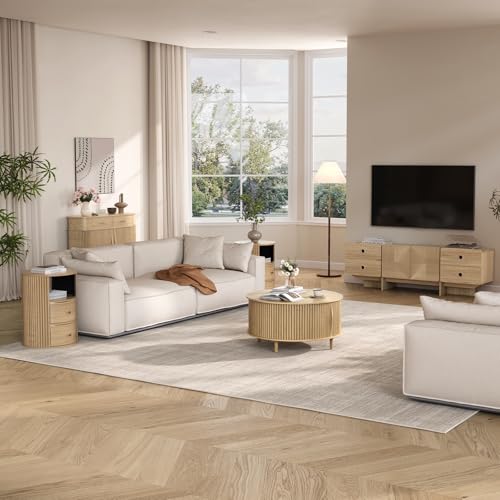 Round Coffee Table with Storage for Living Room (Light Oak)