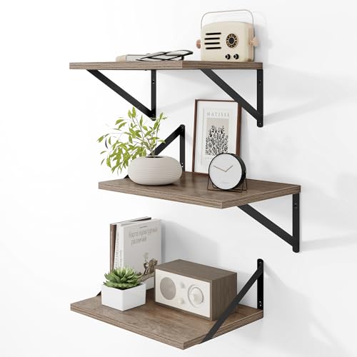 16W x 12D Deep Floating Shelves Set of 3 Grey (Grey With Black Metal Bracket / 16wx12dx5.8h)