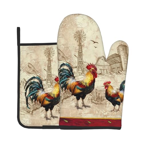 Farm Rooster Oven Mitts and Pot Holder Set of 2 Rustic Chicken Kitchen Potholders Heat Resistant Oven Glove for Baking Cooking Grilling BBQ (Farm Rooster)