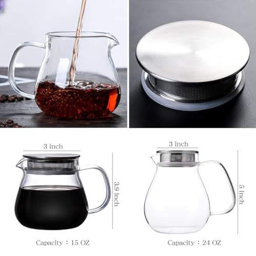 Glass Teapot with Removable Stainless Steel Filter Lid Stovetop & Microwave Safe Borosilicate Glass Kettle for Loose Leaf (24OZ)
