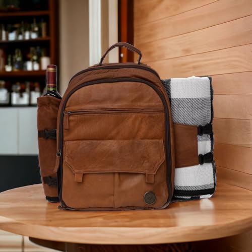 Premium Collection Genuine Leather Picnic Backpack for 4 with Insulated Compartment (Black)
