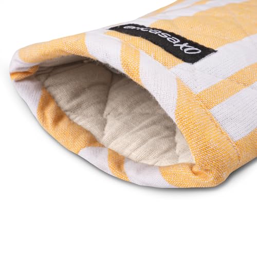 Oven Mitts Heat Resistant Kitchen Gloves (Oven Gloves / Franca Yellow Stripes)