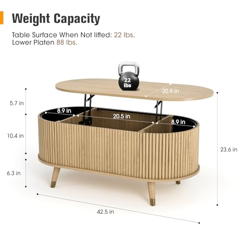 Oval Lift Top Coffee Table with Storage for Living Room (Warm Oak)