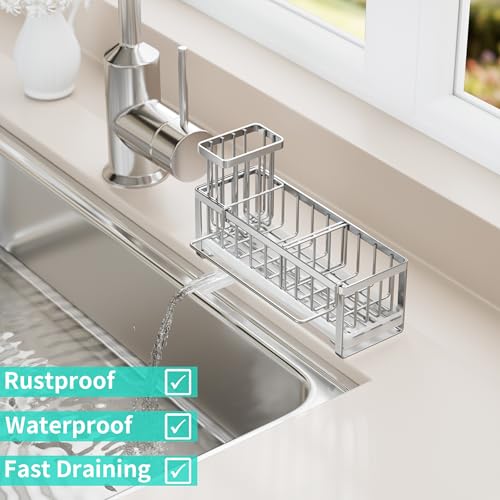 Sponge Holder for Kitchen Sink (Silver / with Dishcloth Holder)