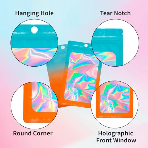 200 Pack Resealable Mylar Holographic Bags Food Storage Smell Proof Bags with Front Window Foil Packaging Pouch for Candy Sample Jewelry Small Business 3.15×5.51 Inch (200 Count)
