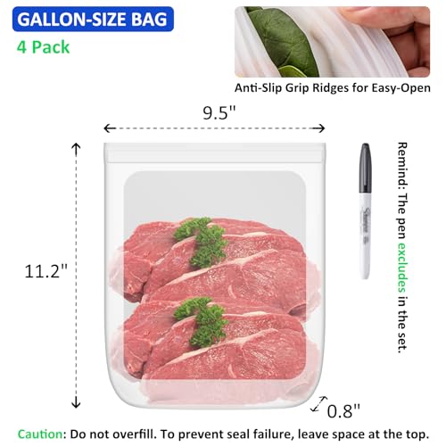 100% Silicone Flat Gallon Freezer Bags (Clear| Gallon | 4 Pack Flat)