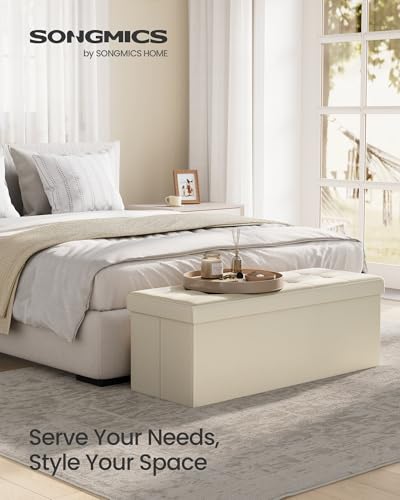 43.3 Inches Folding Storage Ottoman Bench (Cream White / 15"D x 43"W x 15"H (without Flipping Lid))