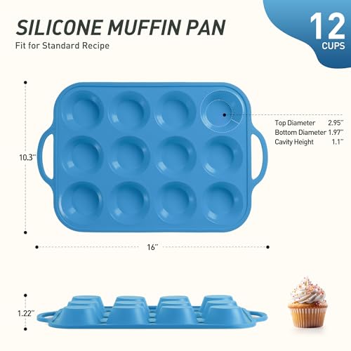 12 Cups Silicone Muffin Pan with Metal Reinforced Frame Regular Size Cupcake Pan Tray Egg Bites Silicone Circle Cookie Molds Muffin Tin Tray Tart Pans Kitchen Baking Mold Tools for Cooking (1pc: 12-Cup Regular / Blue)